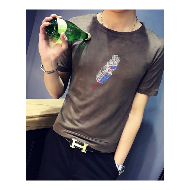 短袖T恤男士韩版圆领日韩风羽毛印花半袖打底衫帅气夏装体恤小码