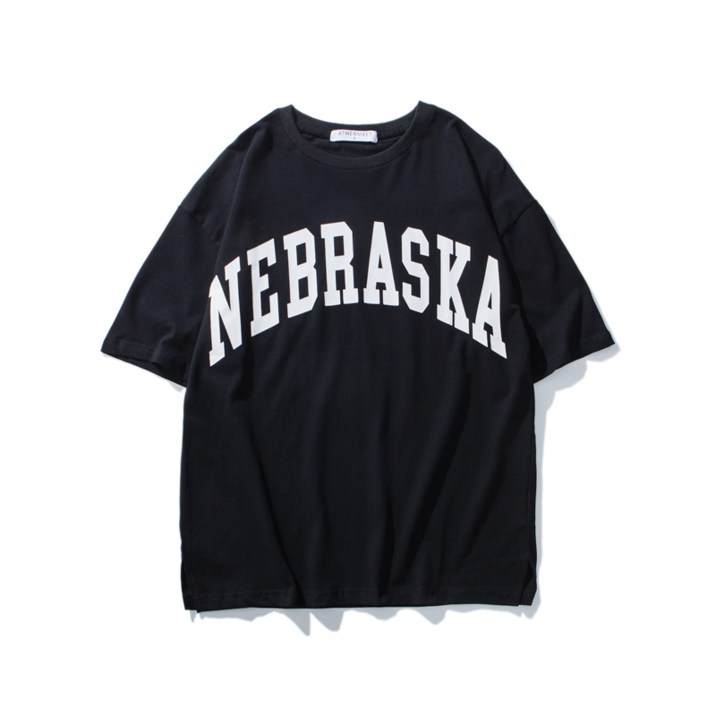 夏季年轻短袖T恤男半袖纯色胸前大字母印花溜肩宽松情侣装打底衫