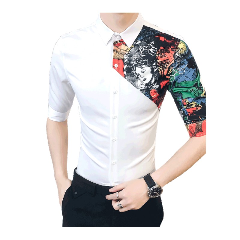 2018夏装年轻韩版男士七分袖型师中袖衬衫个性印花拼接衬衣半袖