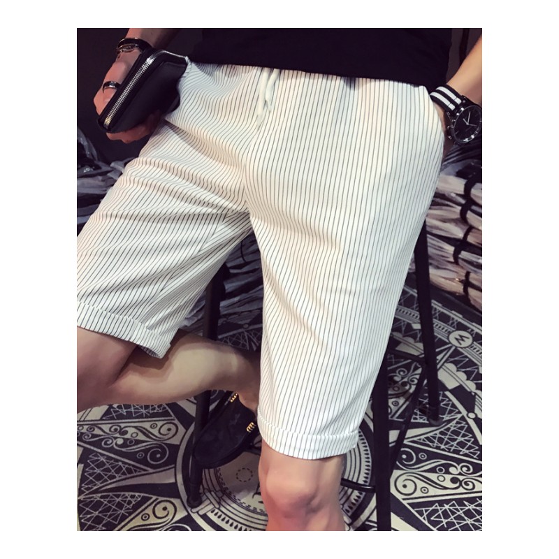 夏季男士短裤修身社会精神小伙五分沙滩裤休闲个性红人条纹裤子潮