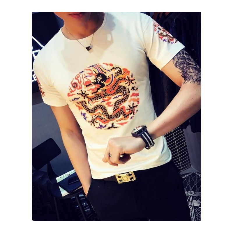 中国风短袖T恤男修身夏季圆领打底衫男半袖霸气龙图体恤上衣小码