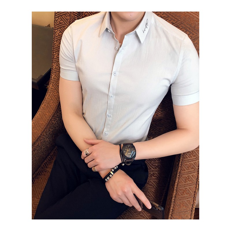 夏装英伦风男士修身短袖领子刺绣衬衫 帅气商务帅气半袖寸衣韩版