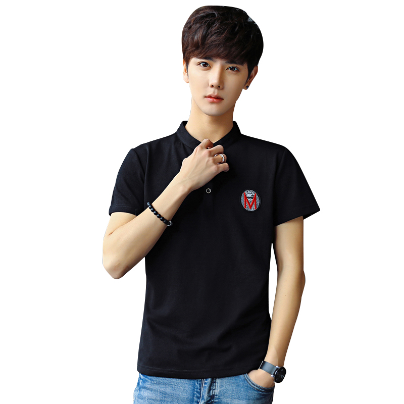 18夏季年轻青少年韩版修身立领字母贴标短袖T恤男POLO衫帅气男装