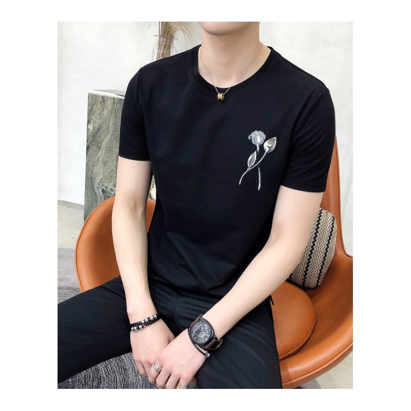 型师夏装男士短袖T恤圆领修身烫钻印花青少年半截袖t血韩版帅气