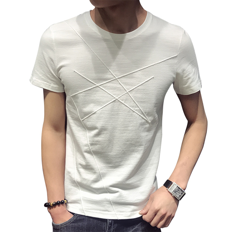 夏季刺绣短袖T恤男修身圆领年轻男装韩版紧身半袖纯色体恤男打底
