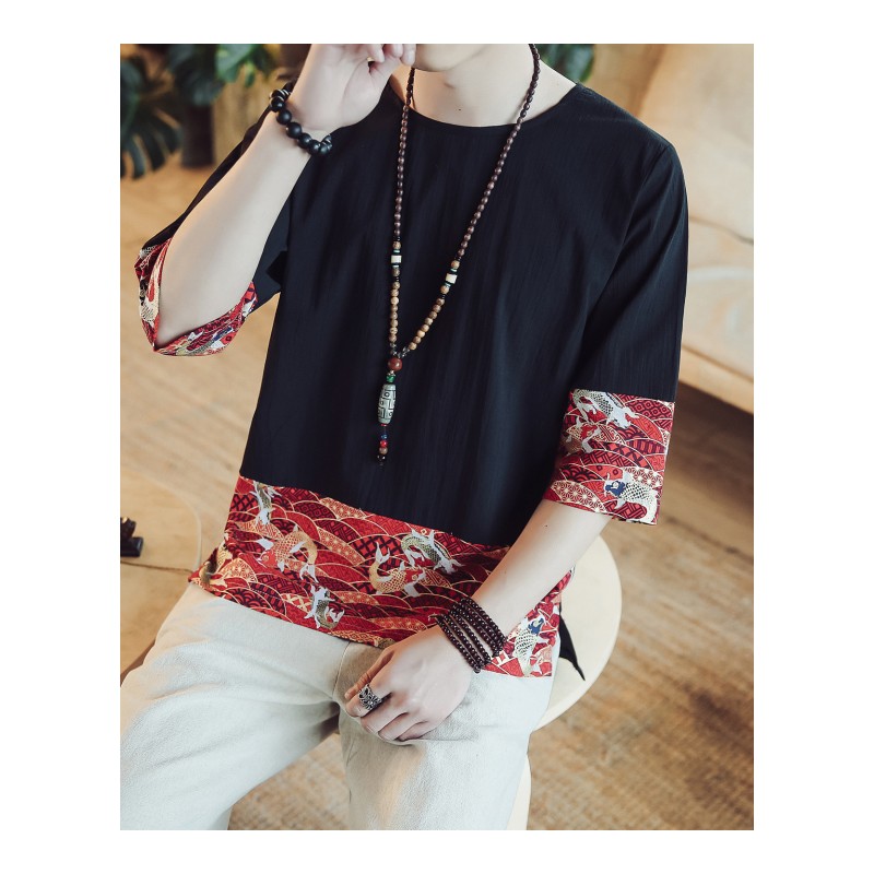 夏季宽松加大码复古中国风潮人拼接浪花青年男士休闲圆领短袖T恤