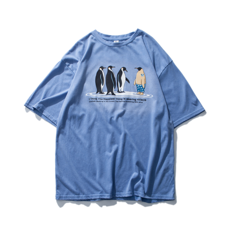 港风文艺夏季年轻短袖T恤男创意小企鹅图案印花半袖帅气打底衫TEE