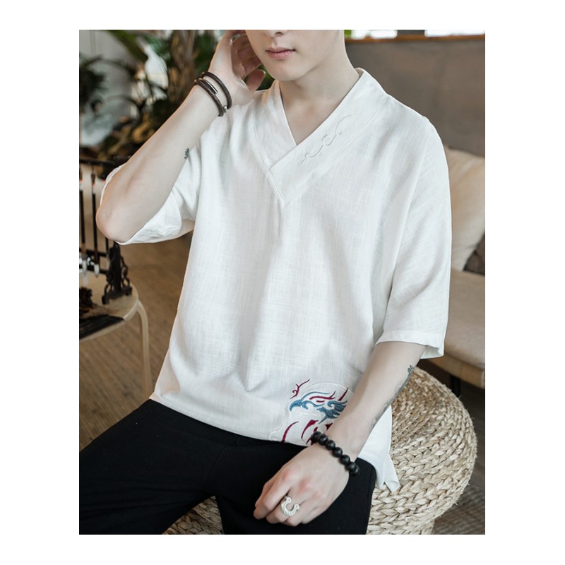 中国风亚麻刺绣短袖T恤男加肥加大码夏季薄款半袖潮胖青年V领体恤