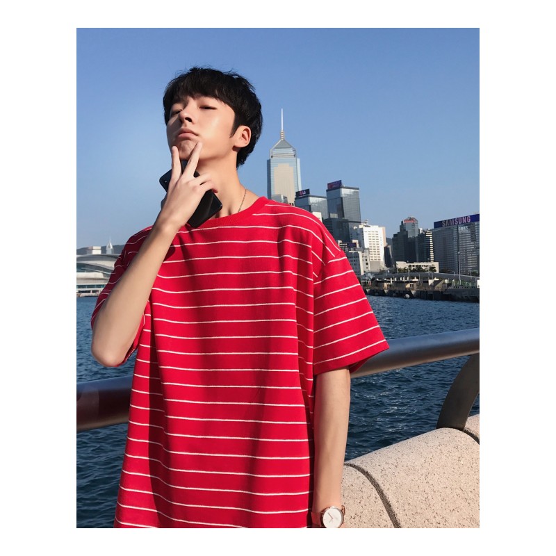 2018日系港风百搭夏季年轻韩版男士条纹Tee圆领短袖T恤打底衫半袖