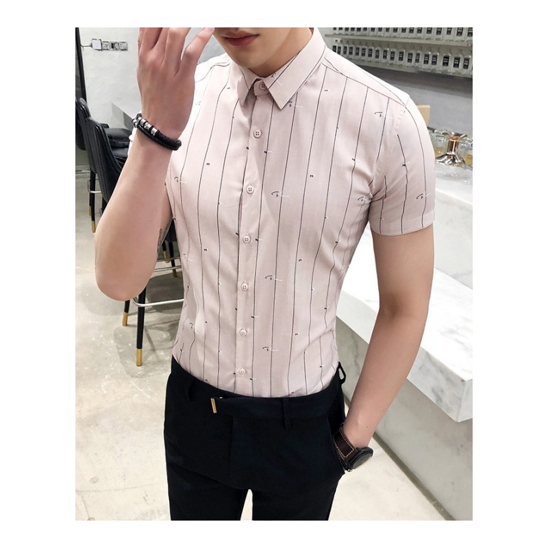 2018夏季年轻 英伦韩版休闲衬衣 高品质条纹修身条纹短袖衬衫