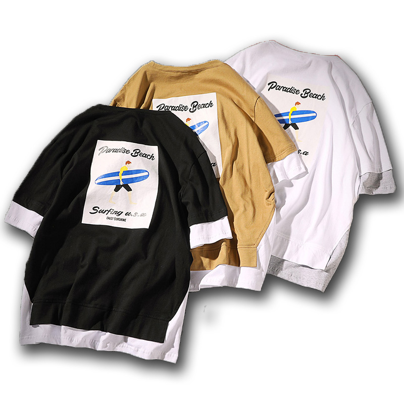 2018夏季年轻假两件短袖T恤男士加肥大码宽松圆领上衣韩版潮男装