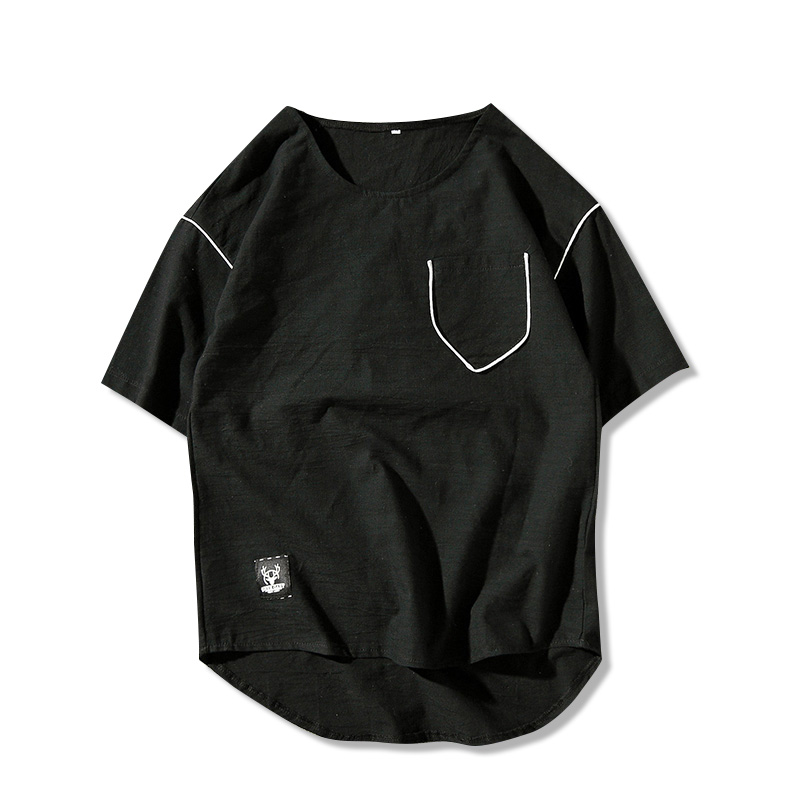 日系复古夏季燕尾棉麻短袖T恤男帅气加肥加大码韩版宽松半袖体恤