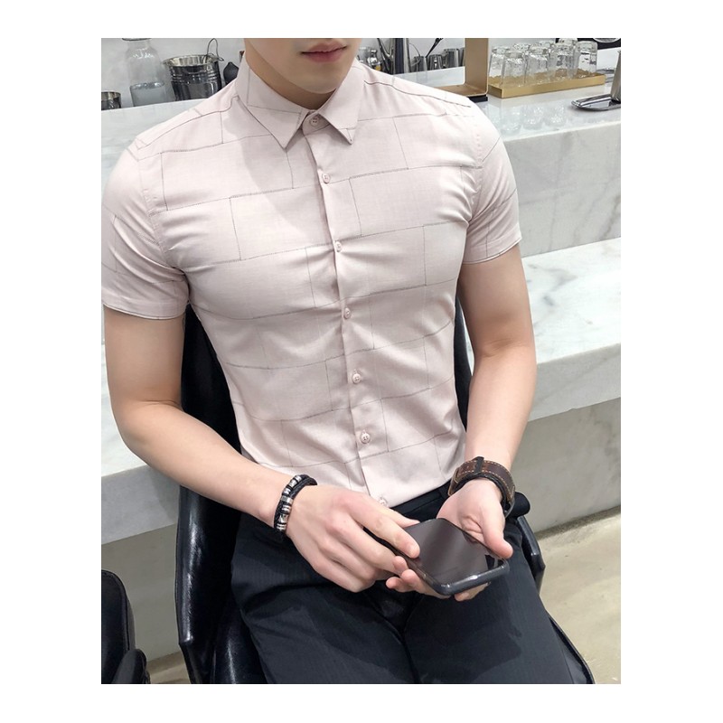 夏季青少年男士格子短袖衬衫帅气韩版帅气英伦休闲型师衬衣修身
