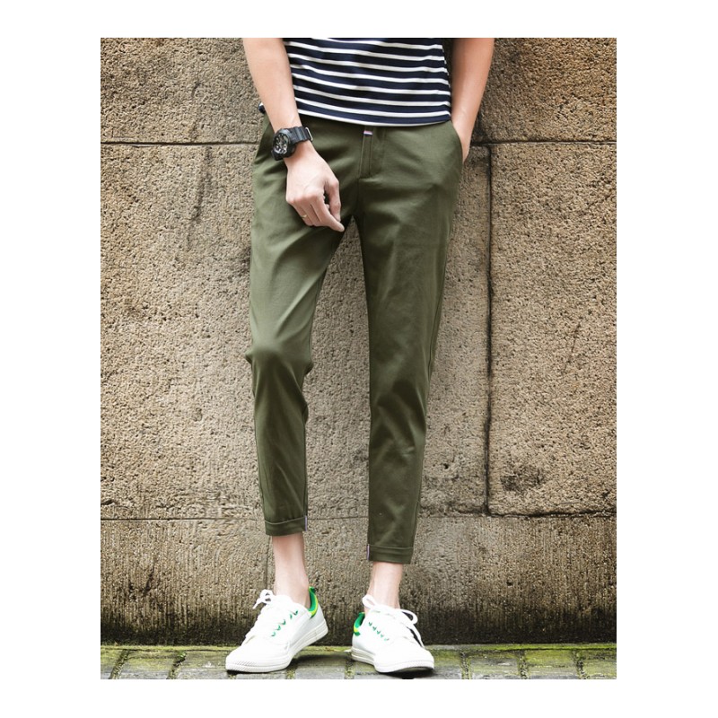 夏季韩版青年纯色九分裤男士修身休闲裤帅气显瘦小脚百搭9分男裤