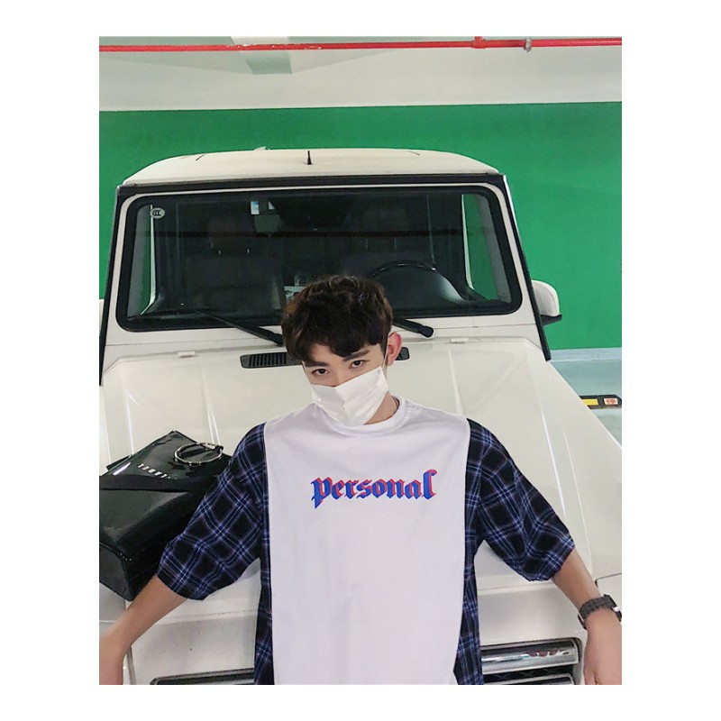 2018夏季年轻格子拼色短袖韩版帅气宽松印花T恤男生帅气百搭体恤