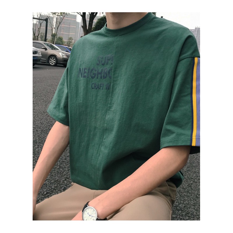 2018夏季年轻韩国个性上衣印花学生款织带宽松男士短袖T恤衫潮