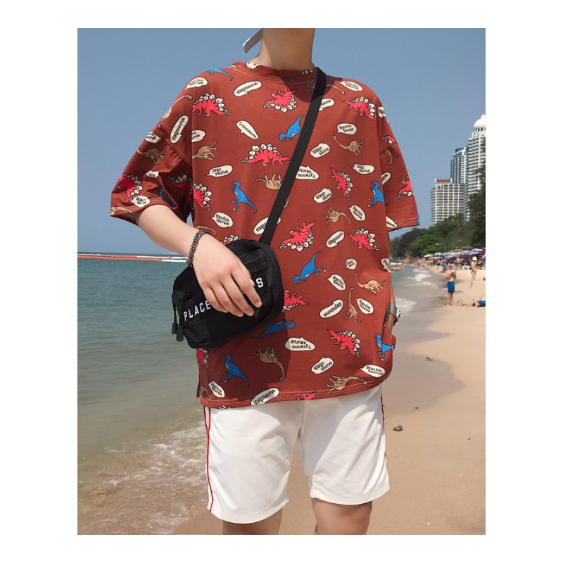 夏季年轻印花短袖男青少年宽松帅气T恤男生休闲百搭半袖体恤衫