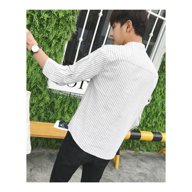韩版男士修身七分袖衬衫2018夏季年轻休闲百搭寸衫学生帅气外套