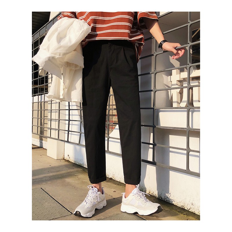 夏季港风纯色男式休闲裤子修身直筒潮男裤青少年学生简约九分裤男