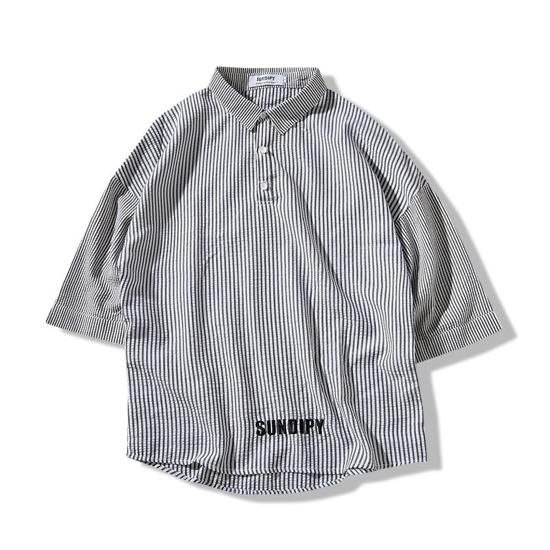 2018夏季年轻条纹五分短袖衬衫男士加肥大码宽松衬衣韩版帅气男装