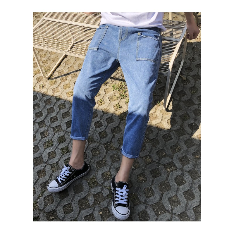 韩国日韩风男牛仔裤夏季年轻潮男休闲小脚九分裤青少年哈伦裤子