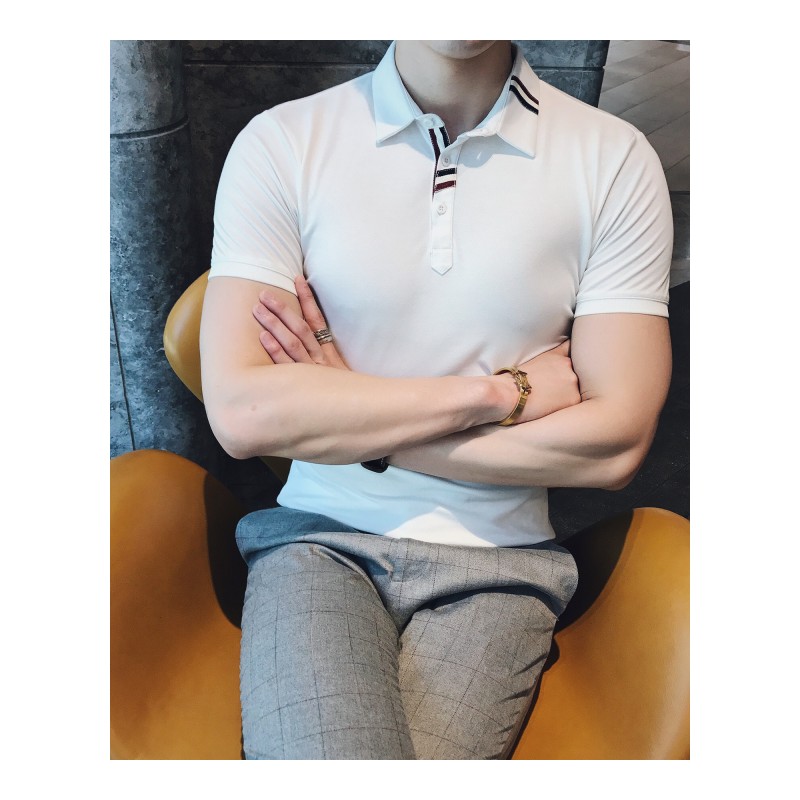 男士纯色POLO衫韩版修身织带个性翻领T恤18夏装休闲条纹短袖上衣