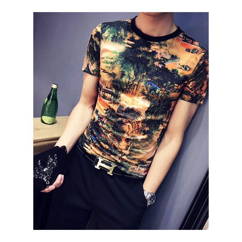 夏季年轻韩版修身印花短袖T恤男社会精神小伙紧身薄款圆领打底衫