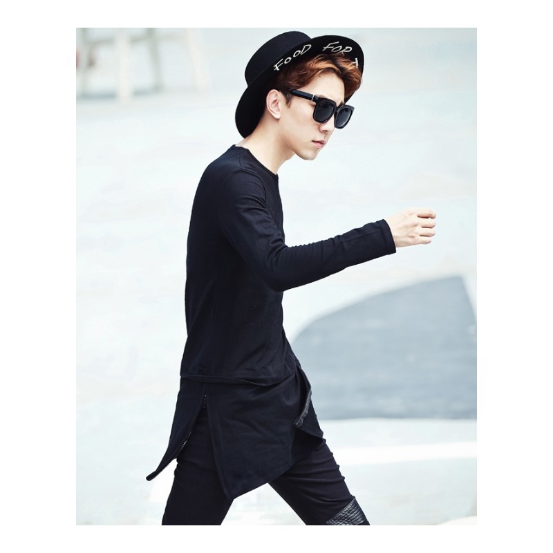 欧美春夏青年男士韩版修身中长款纯色圆领拼接休闲长袖T恤套头衫