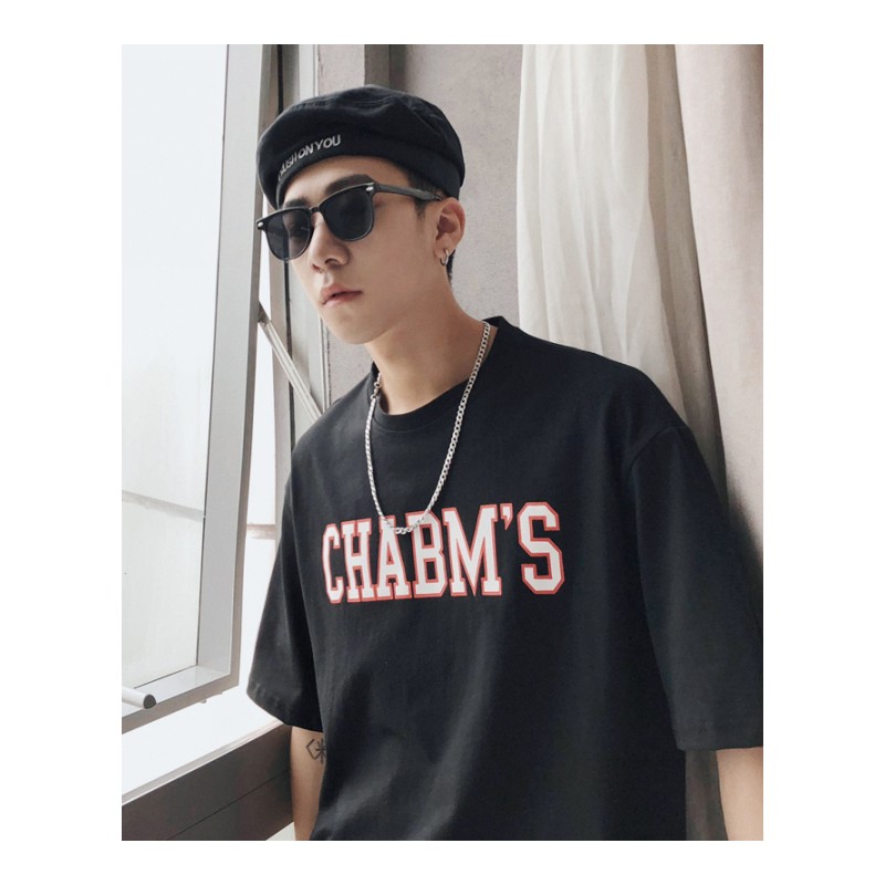 夏季年轻港风男生字母印花T恤宽松休闲运动半袖男式百搭圆领短袖