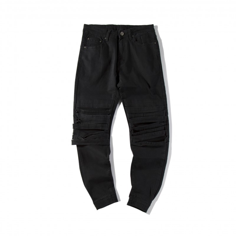 暗黑国潮男士膝盖绑带牛仔裤修身弹力小脚九分裤韩版夜店型师DJ