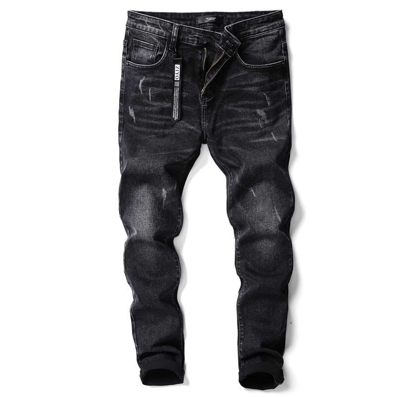 春装欧版棉弹修身长裤个性水洗刮破休闲型师微跨小脚猫须牛仔裤