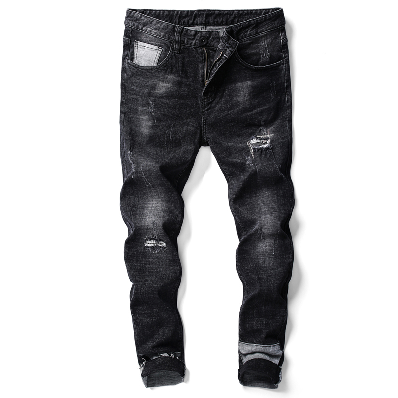 四季款水洗欧版显瘦长裤男生型师棉弹修身微跨补丁小脚牛仔裤
