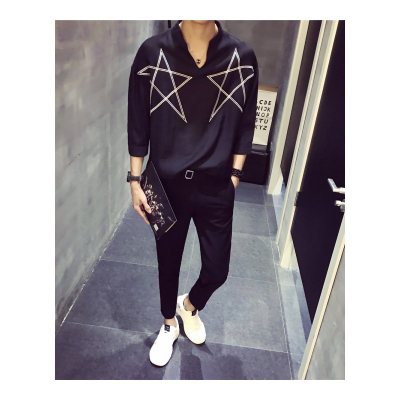 夏季年轻棉麻薄款七分袖衬衫英伦男士帅气青年型师V领短袖T恤衫