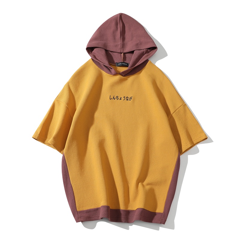 夏季年轻男士韩版帅气假两件连帽短袖T恤港风百搭圆领宽松半截袖