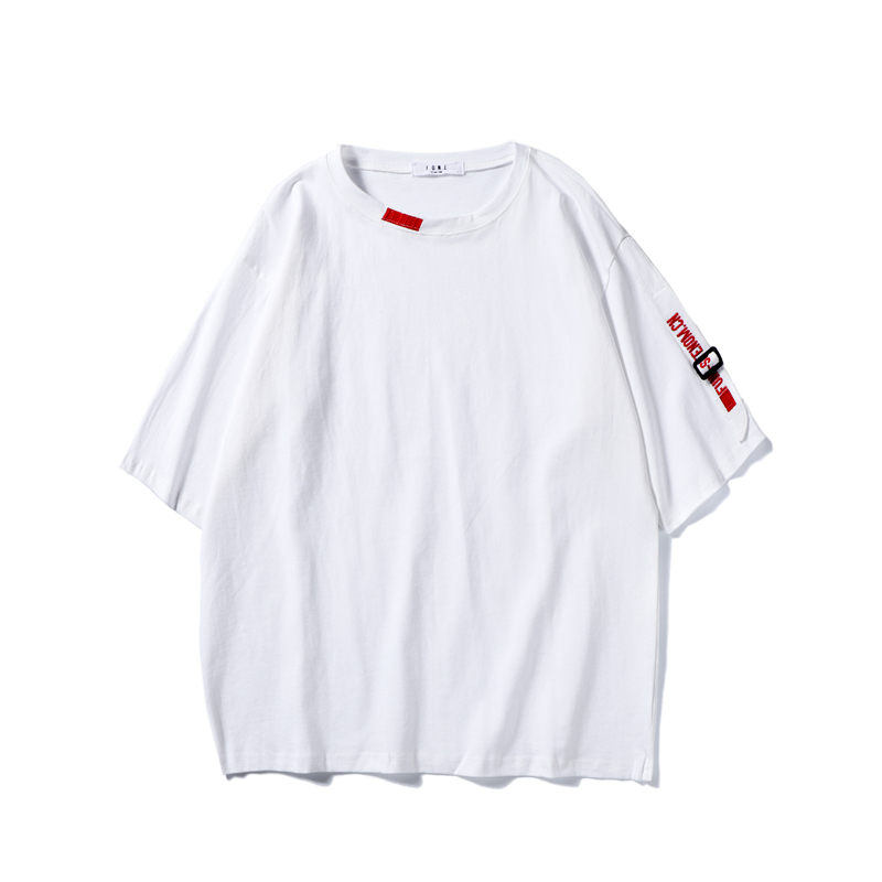 2018夏季年轻男士圆领宽松BF风帅气短袖T恤青少年创意织带半袖衫