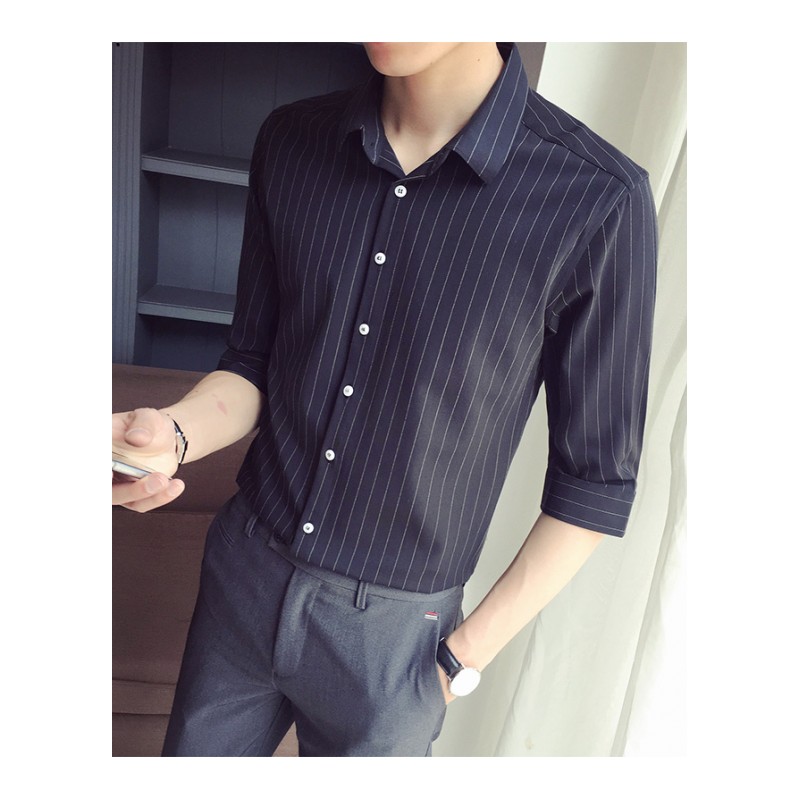 青年修身五分袖衬衫男夏季年轻帅气青年韩版薄款条纹衬衣中袖寸衫
