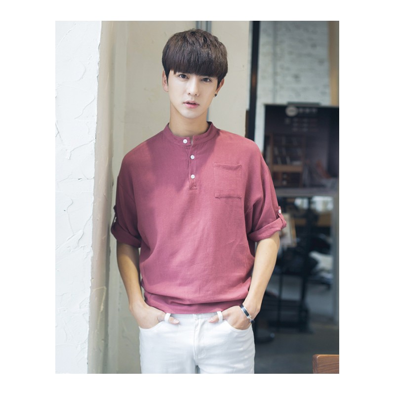 夏季中袖半截袖日系棉麻亚麻短袖衬衫韩版青年男5五分袖七分袖T恤