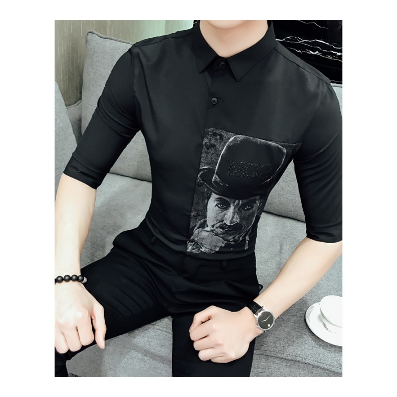 2018夏装年轻男士七分袖衬衫修身韩版中袖帅气寸衣黑色青年男寸衫