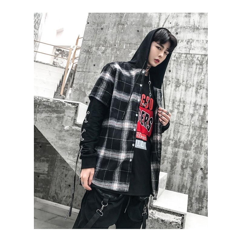 夏季青年男拼接长袖T恤织带印花宽松连帽休闲外套时尚假两件港风