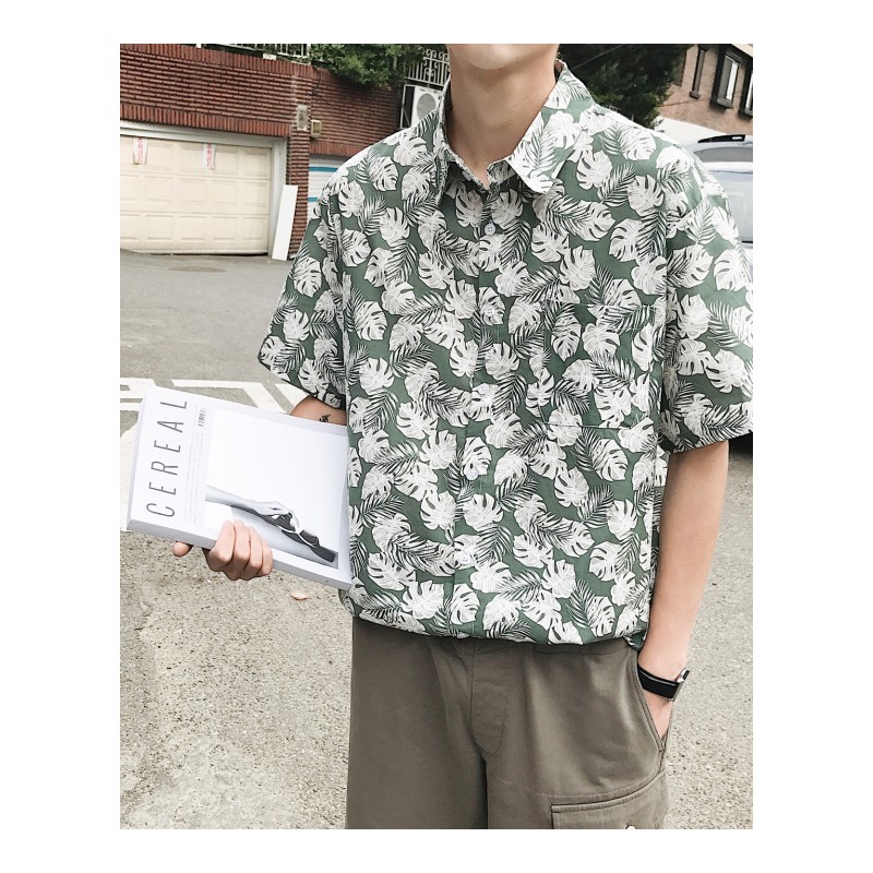 2018夏季夏威夷热带植物印花短袖衬衫潮男旅游复古花衬衣海滩外套