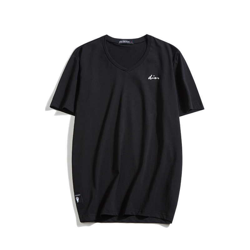 夏季V领短袖T恤韩版帅气半袖衫2018年轻植绒字母印花体恤日系T恤