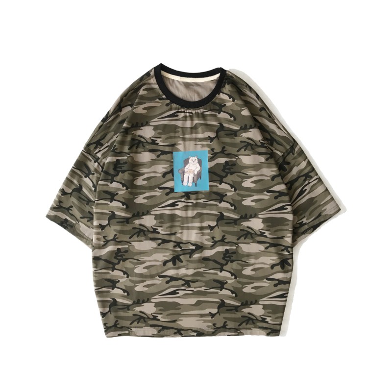 2018夏年轻猫咪图案迷彩圆领宽松短袖T恤潮男情侣圆领宽松休闲TEE