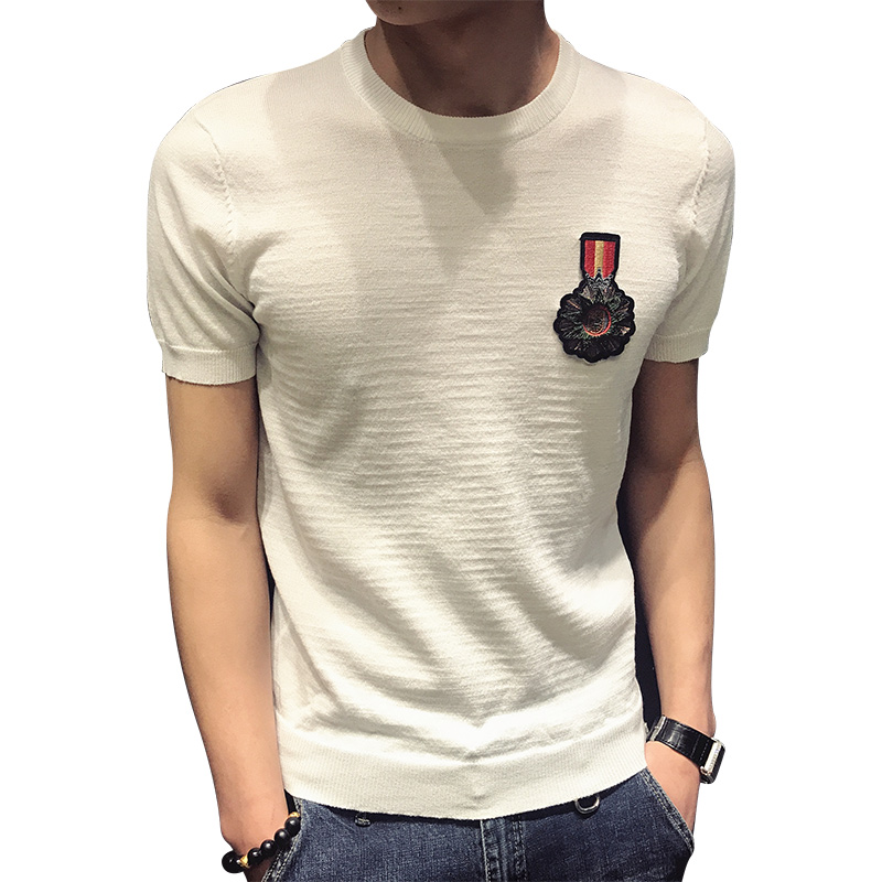 夏季年轻韩版青年徽章设计帅气针织短袖T恤男圆领修身青年半截袖