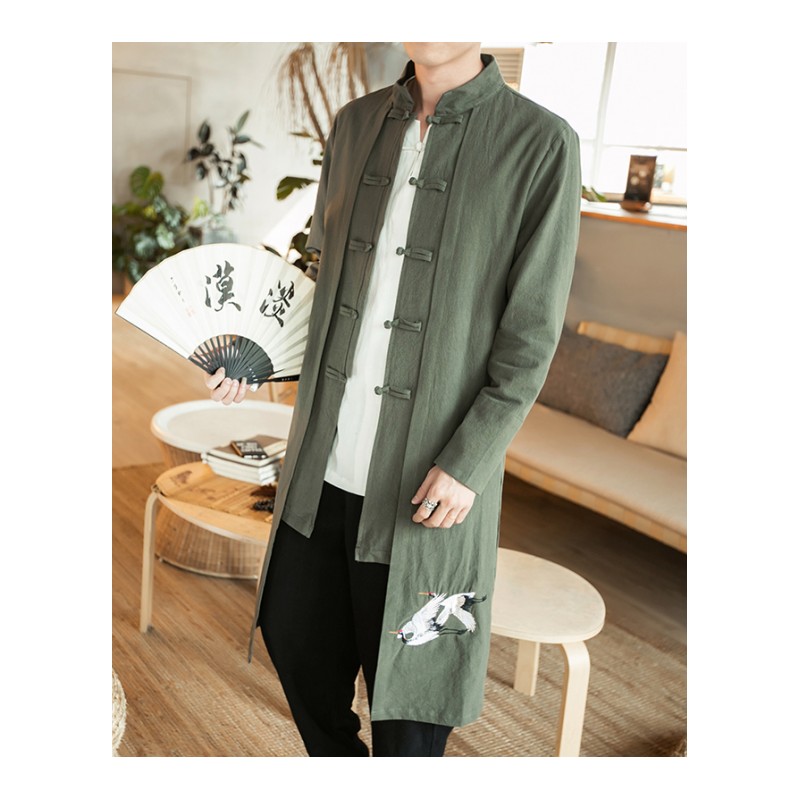 中国风春夏青年男士立领中长款风衣盘扣型师假两件刺绣大码外套