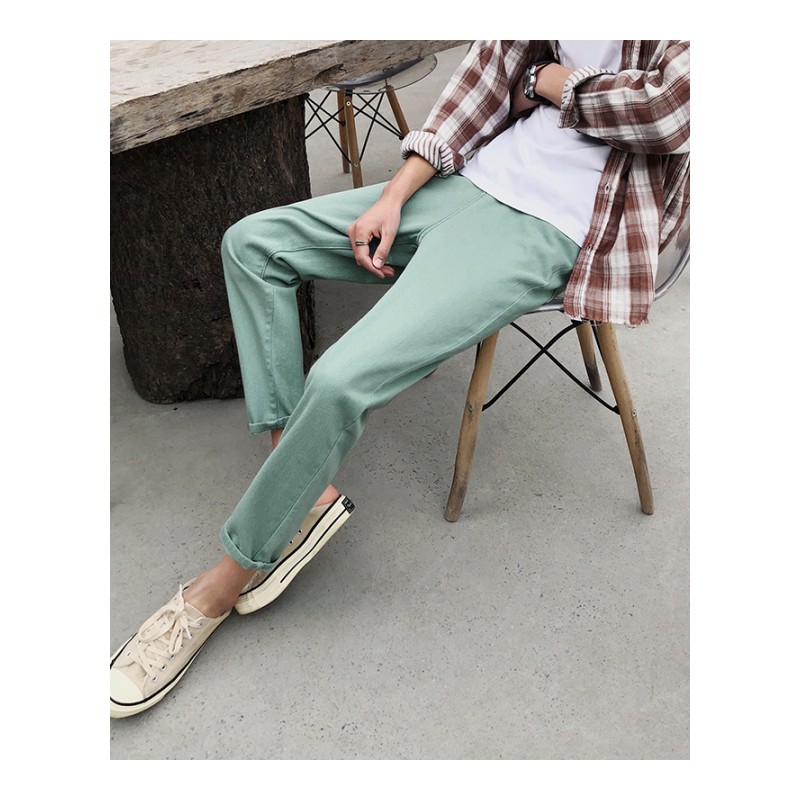 港仔风男裤2018春夏季装年轻九分牛仔裤纯色百搭休闲裤子小直角男