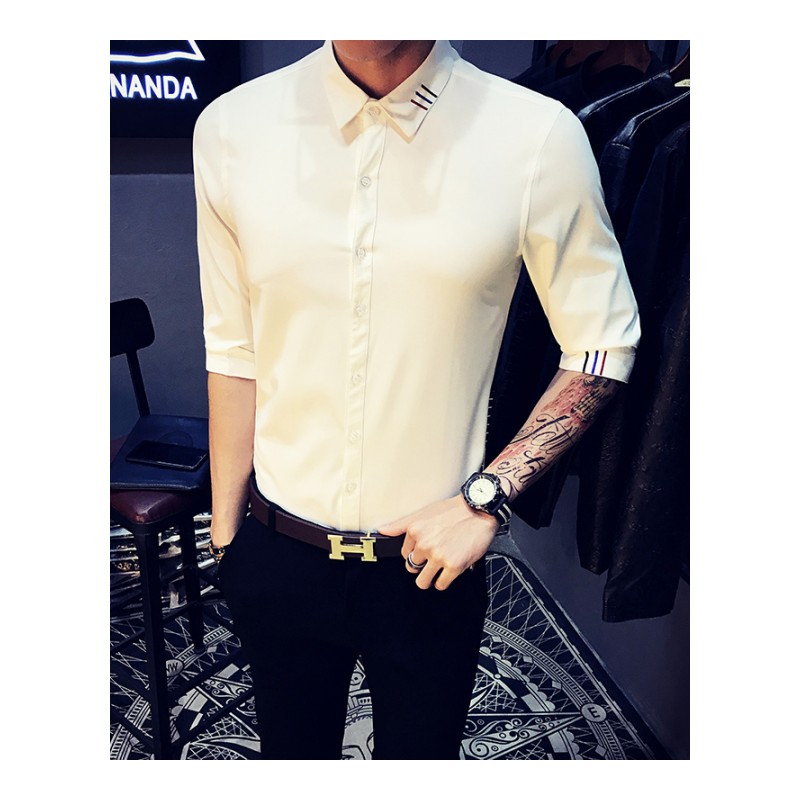 夏季青年型师大码短袖衬衫男士刺绣修身中袖衬衣餐厅KTV工作服