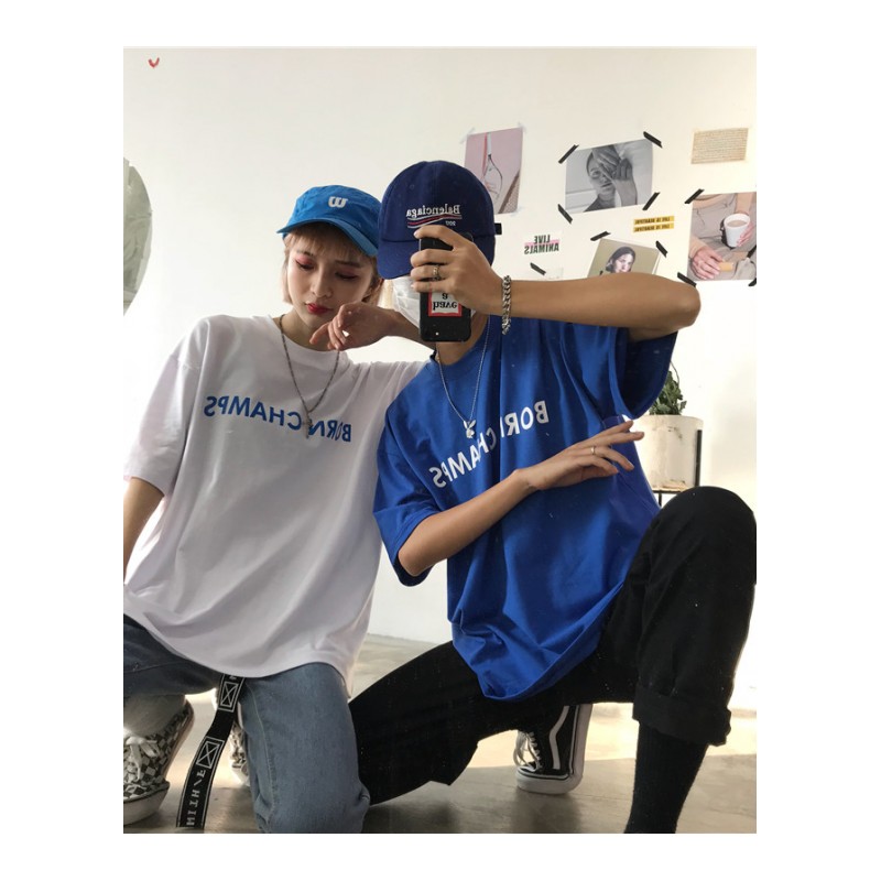 潮青年的上衣~夏季年轻男生短袖T恤帅气原宿bf风情侣装五分袖tee