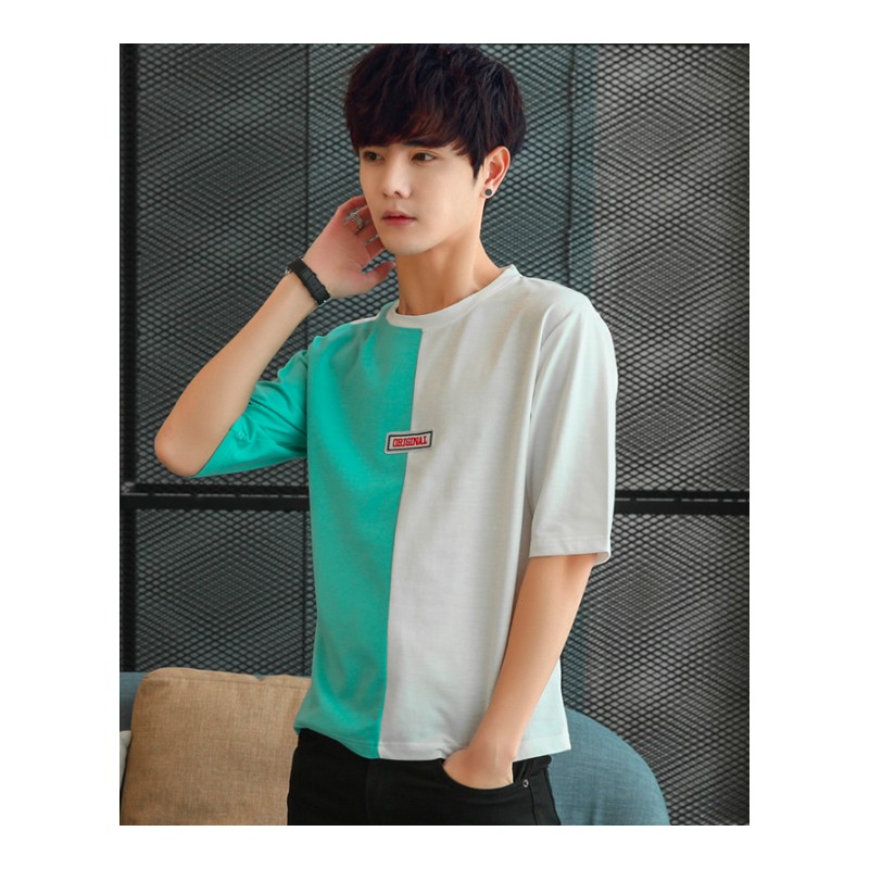 2018夏季清新撞色短袖T恤绣标韩版青少年T恤衫潮男薄款休闲上衣TE