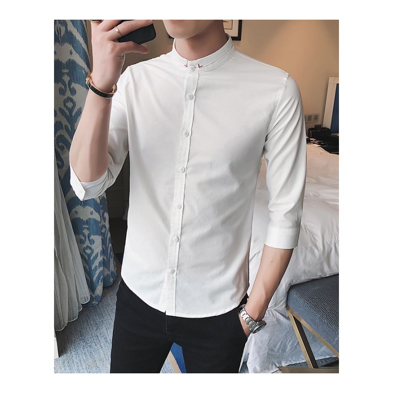 2018夏季青年立领衬衫男七分袖修身韩版帅气个性夜店帅气短袖衬衣