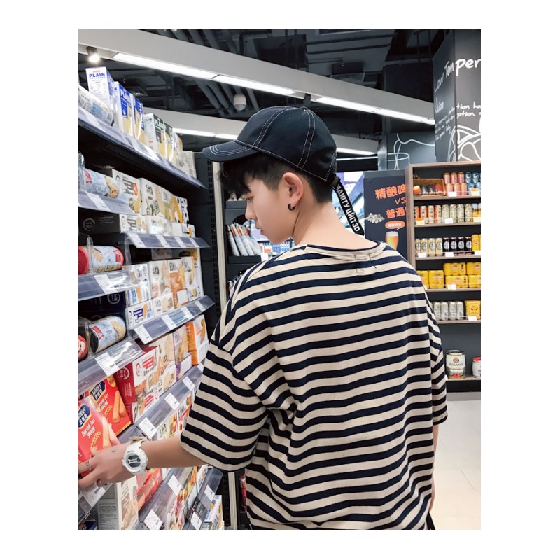 清新学院风宽松BF短袖T恤2018夏季青少年复古海魂衫男绣标条纹衫T